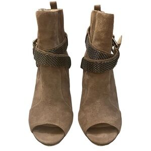 KORS Michael Kors Beige Suede Peep Toe Stiletto Ankle Boot with Metal Straps